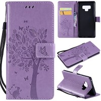 Galaxy Note 9 Case Samsung Note 9 Case PU Leather Case Emboss Floral Flower Love Tree & Cat Premium Wallet Flip Protective Case Cover with Card Slots KickStand for Samsung Galaxy Note 9 Light Purple - B07GGZCFS9